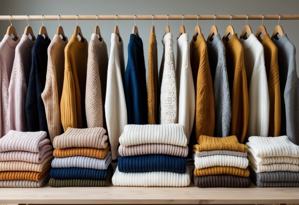 A collection of various silk blend sweaters displayed on hangers and folded on a table.