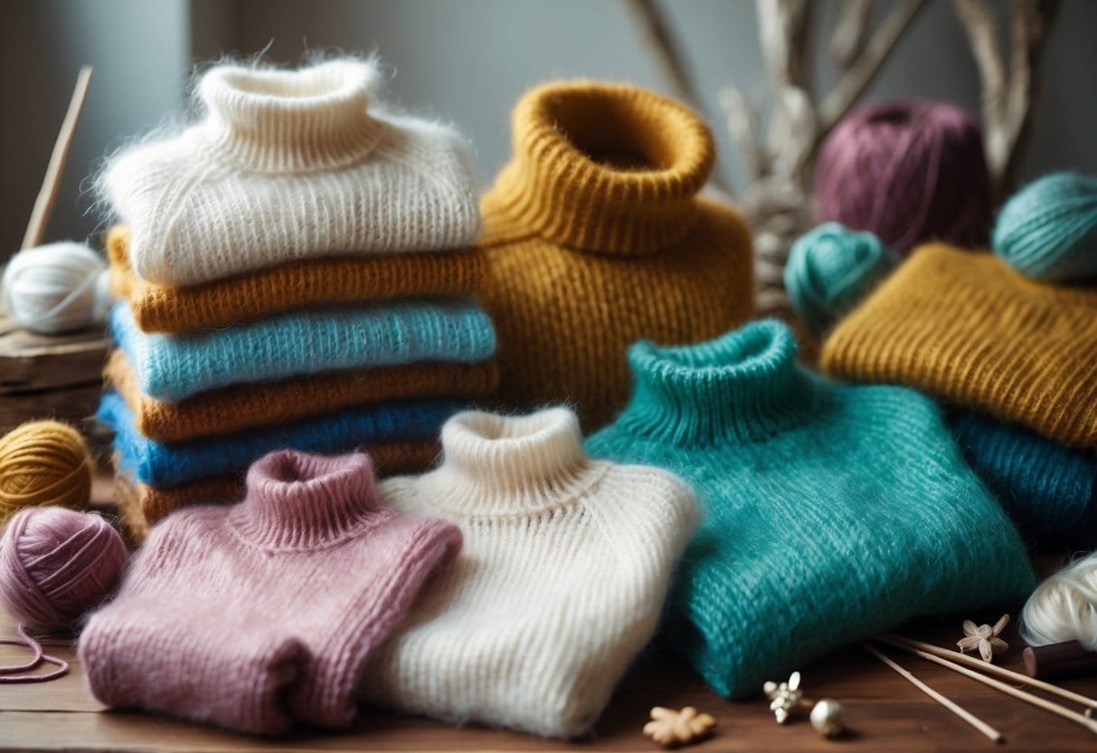 A collection of various mohair sweaters displayed on a wooden table with knitting supplies nearby.