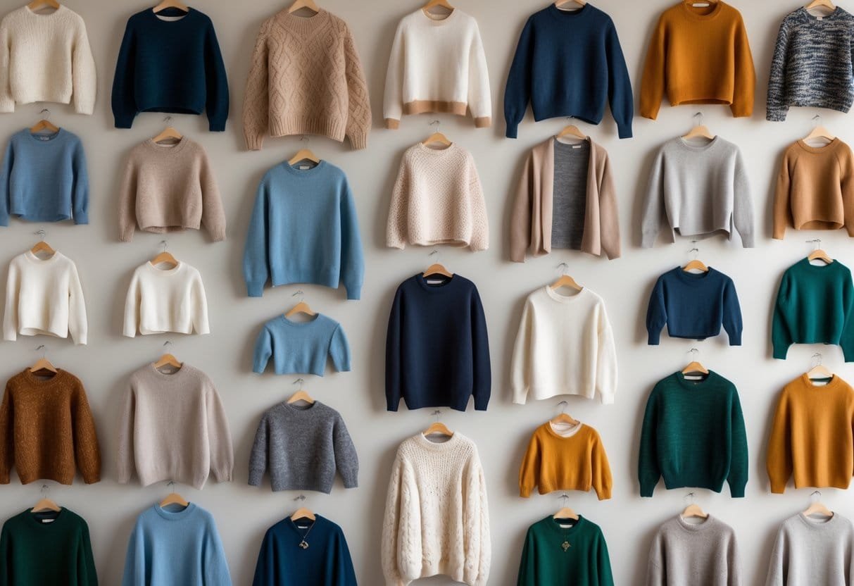 A collection of various sweaters in different colors and textures arranged neatly on a neutral background.