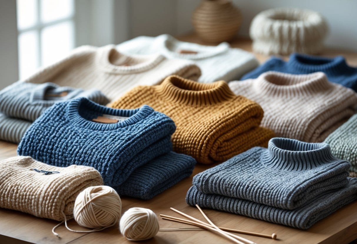 A collection of different bouclé sweaters displayed on a wooden table with close-up views of their textured fabric.
