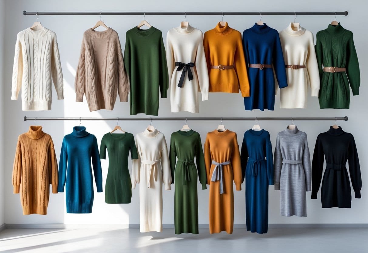 A collection of various sweater dresses displayed on mannequins and hangers in a bright studio.