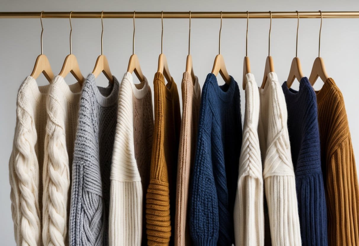 A collection of different sweater tunics hanging on wooden hangers against a plain background.