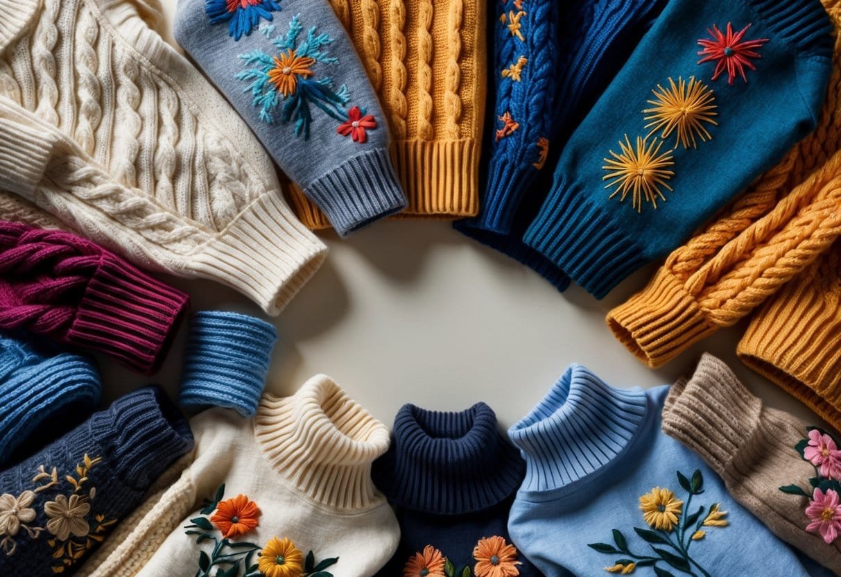 A variety of embroidered sweaters arranged neatly, showing different styles and detailed stitching.