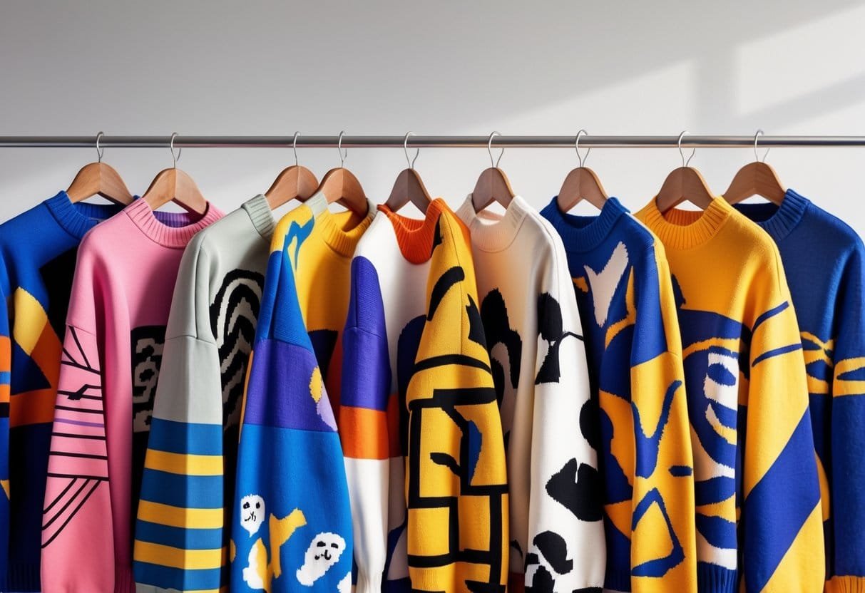 A collection of different colorful graphic sweaters hanging on wooden hangers against a plain background.
