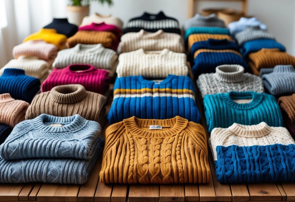 A collection of different sweaters arranged on a wooden table, showing various colors, patterns, and styles.