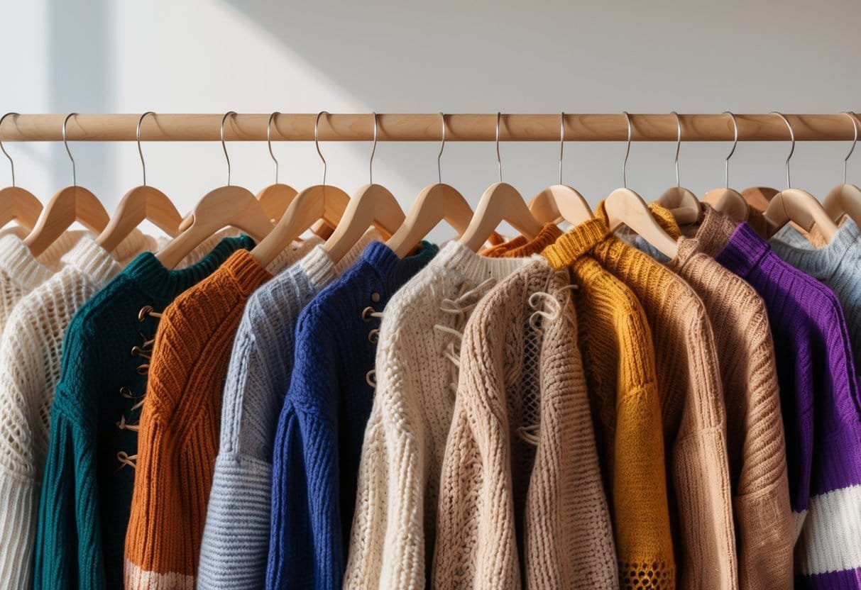 A collection of various lace-up sweaters hanging on wooden hangers against a plain background.