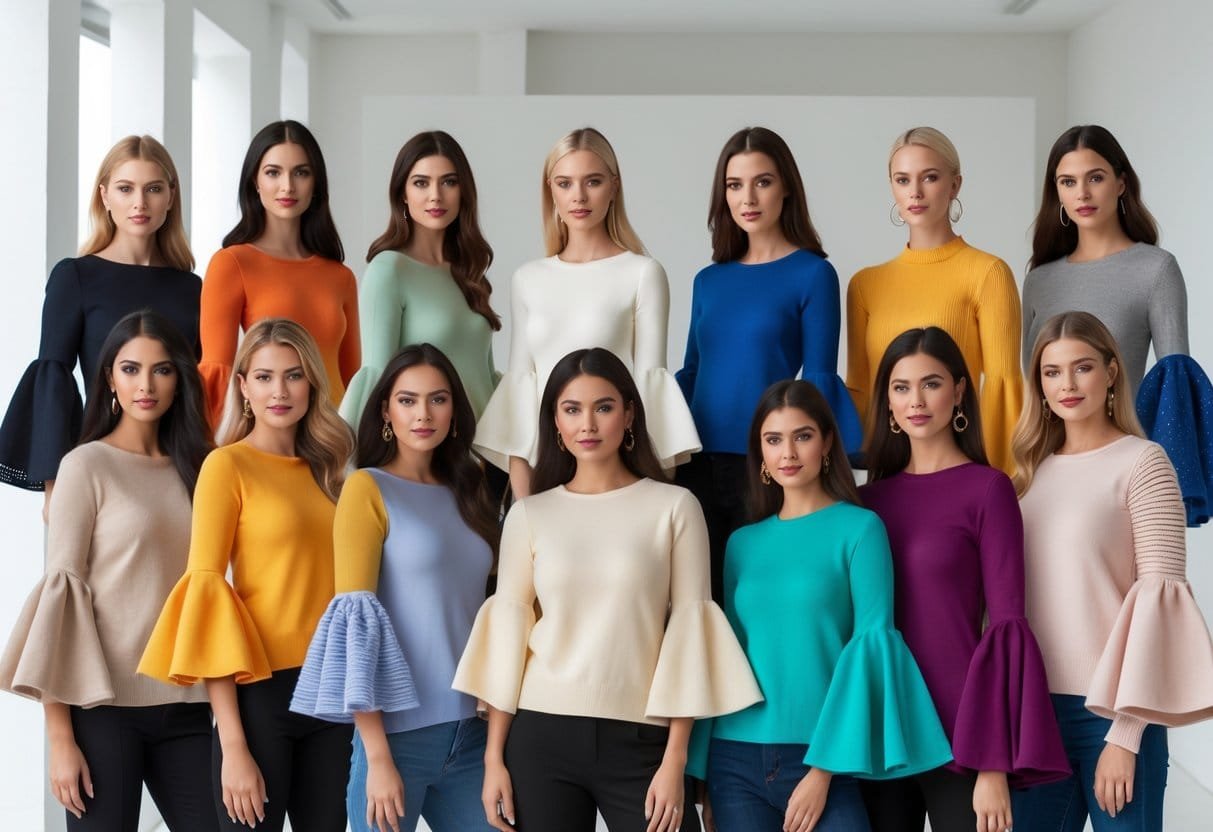 A group of women wearing various bell sleeve sweaters, standing and posing in a bright studio.