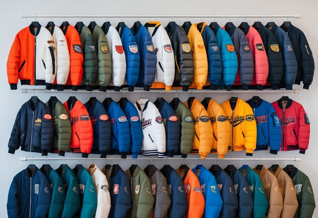 A collection of 20 different bomber jackets hanging on hangers against a plain background.