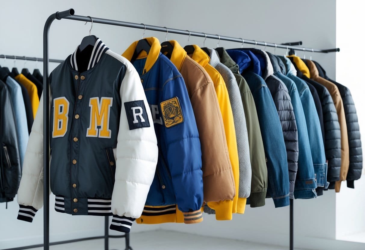 A collection of twenty different jackets displayed on racks and mannequins in a bright studio.