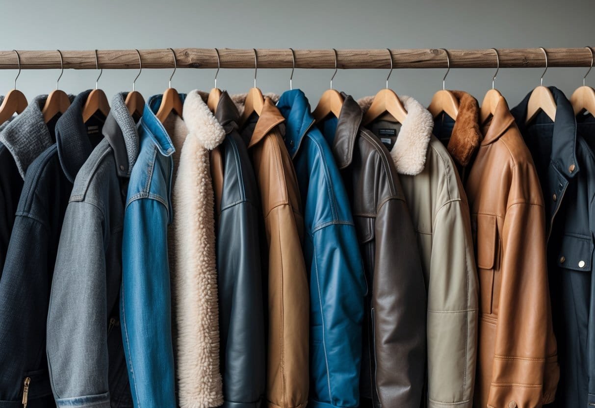 A collection of twenty different types of jackets hanging on wooden hangers against a plain background.