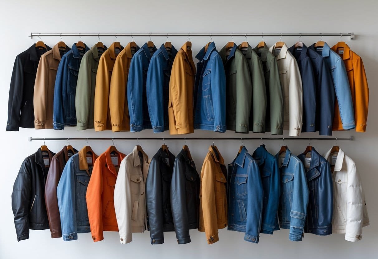A collection of twenty different jackets displayed on hangers against a plain background.