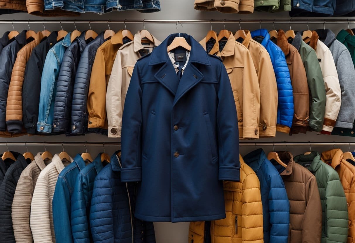 A collection of 20 different jackets hanging on wooden hangers against a neutral background, with a navy blue peacoat in the center.