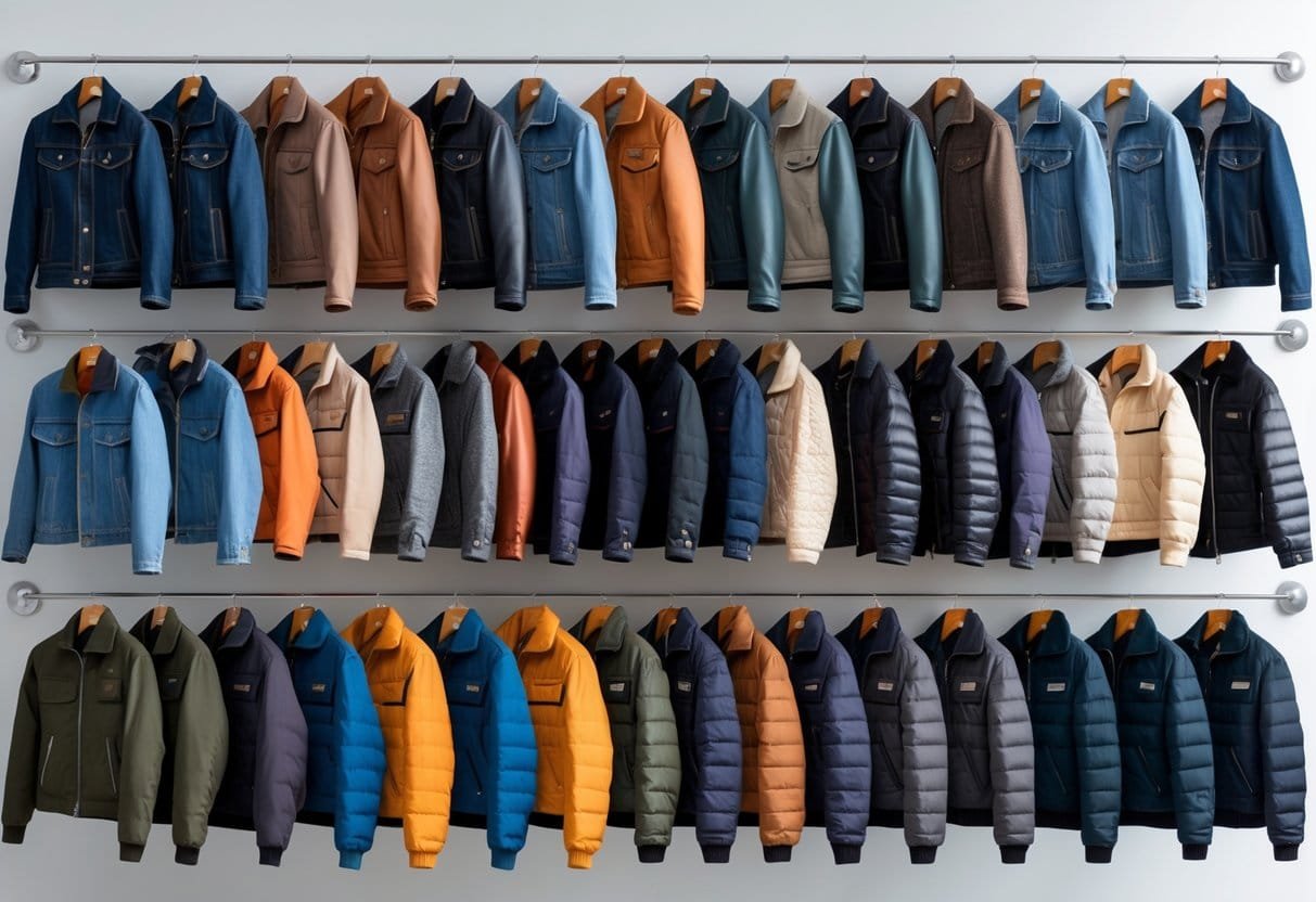 A collection of twenty different types of jackets displayed on hangers against a plain background.