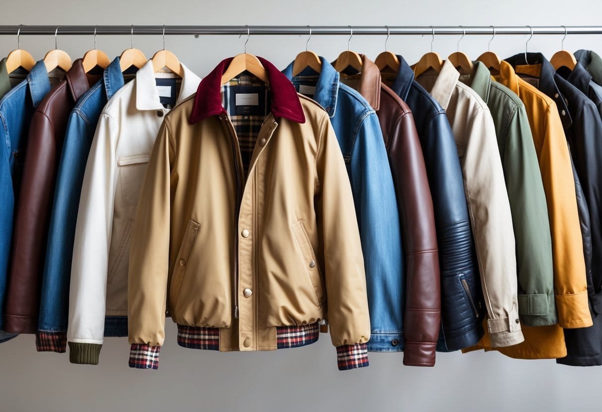 A collection of 20 different jackets hanging on wooden hangers against a plain background, with a classic Harrington jacket in the center.