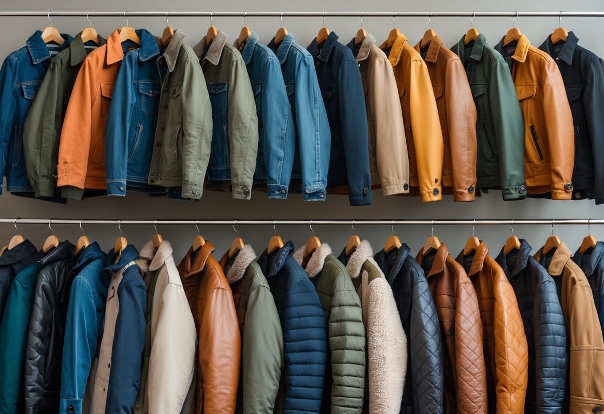 A collection of 20 different types of jackets hanging on wooden hangers against a plain background.