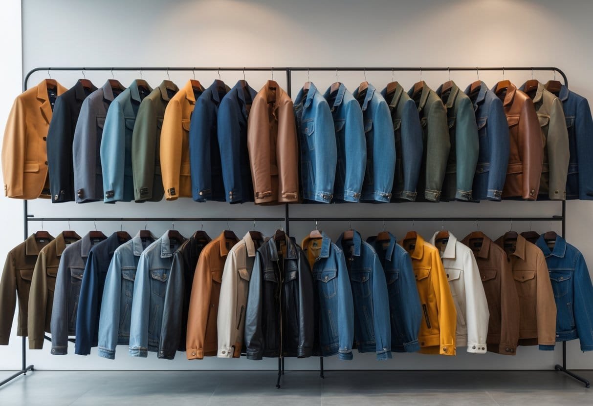 A collection of twenty different jackets displayed on mannequins and hangers in a bright showroom.