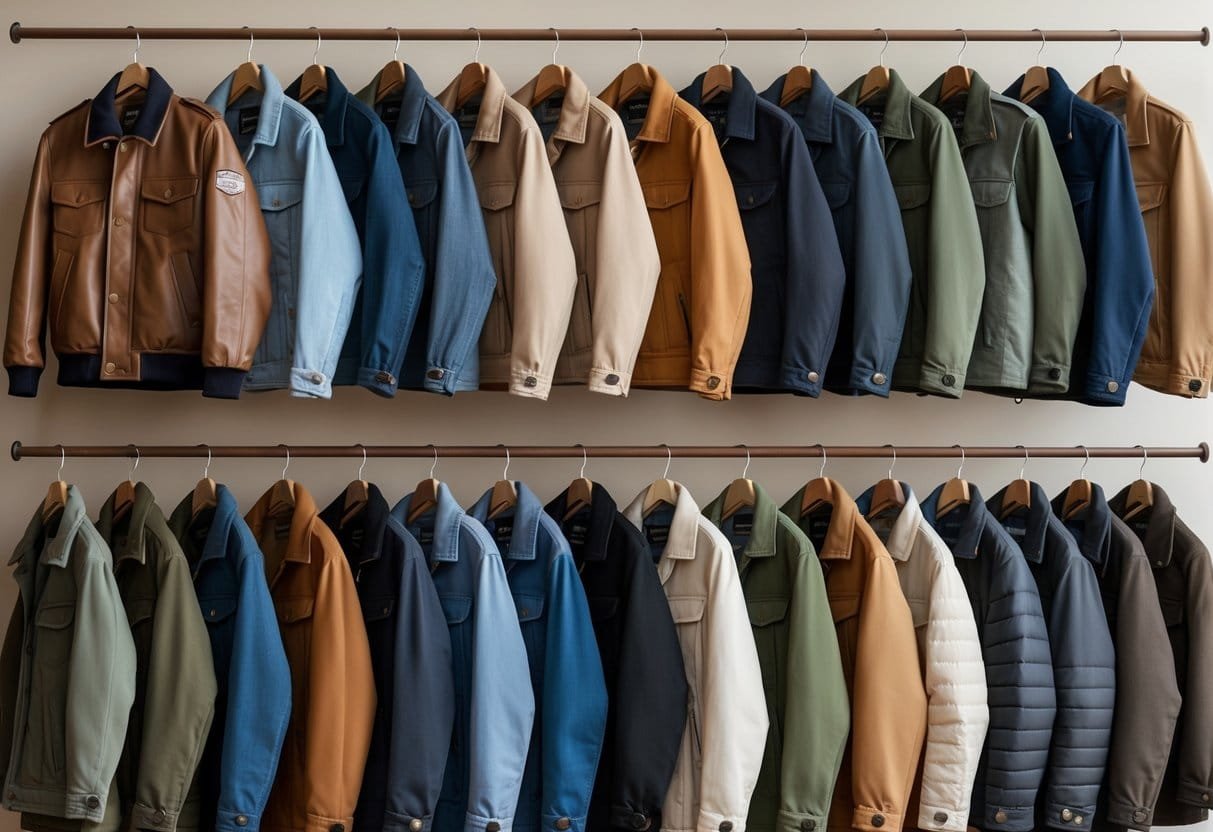 A collection of 20 different jackets hanging on wooden hangers against a neutral background.