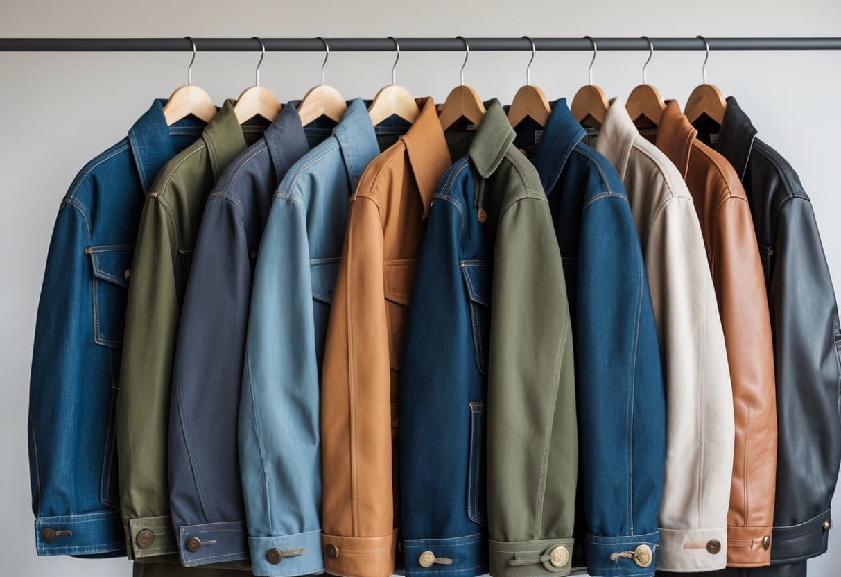 A collection of 20 different chore coats and jackets hanging on wooden hangers against a neutral background.