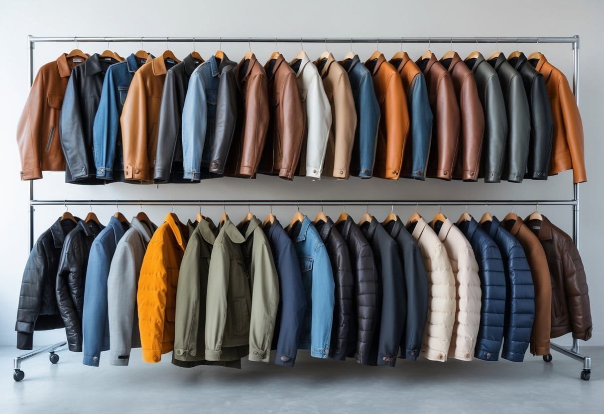 A clothing rack displaying twenty different types of jackets in various styles and colors.