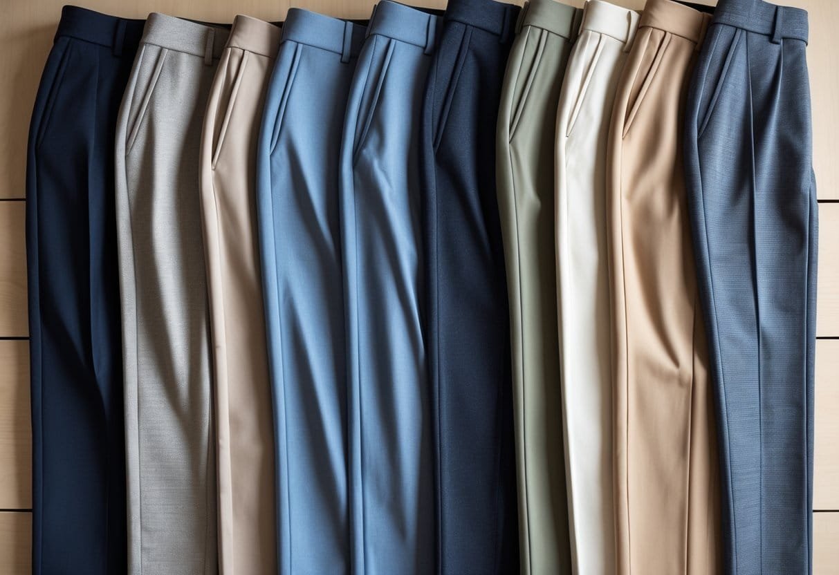 A neatly arranged collection of various trousers displayed on a wooden surface with soft natural lighting and a plain background.