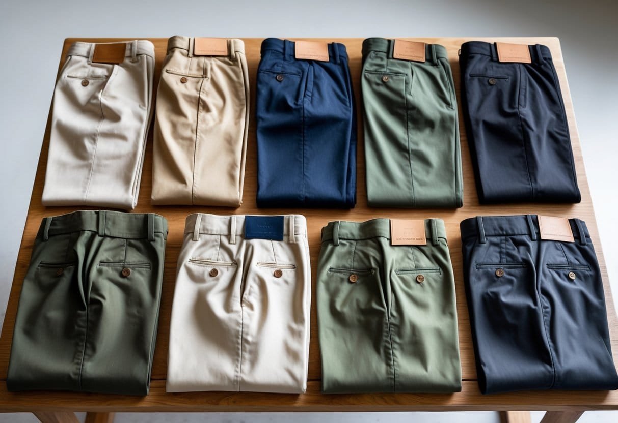 A neatly arranged collection of men's pants displayed on a wooden surface with soft natural lighting.