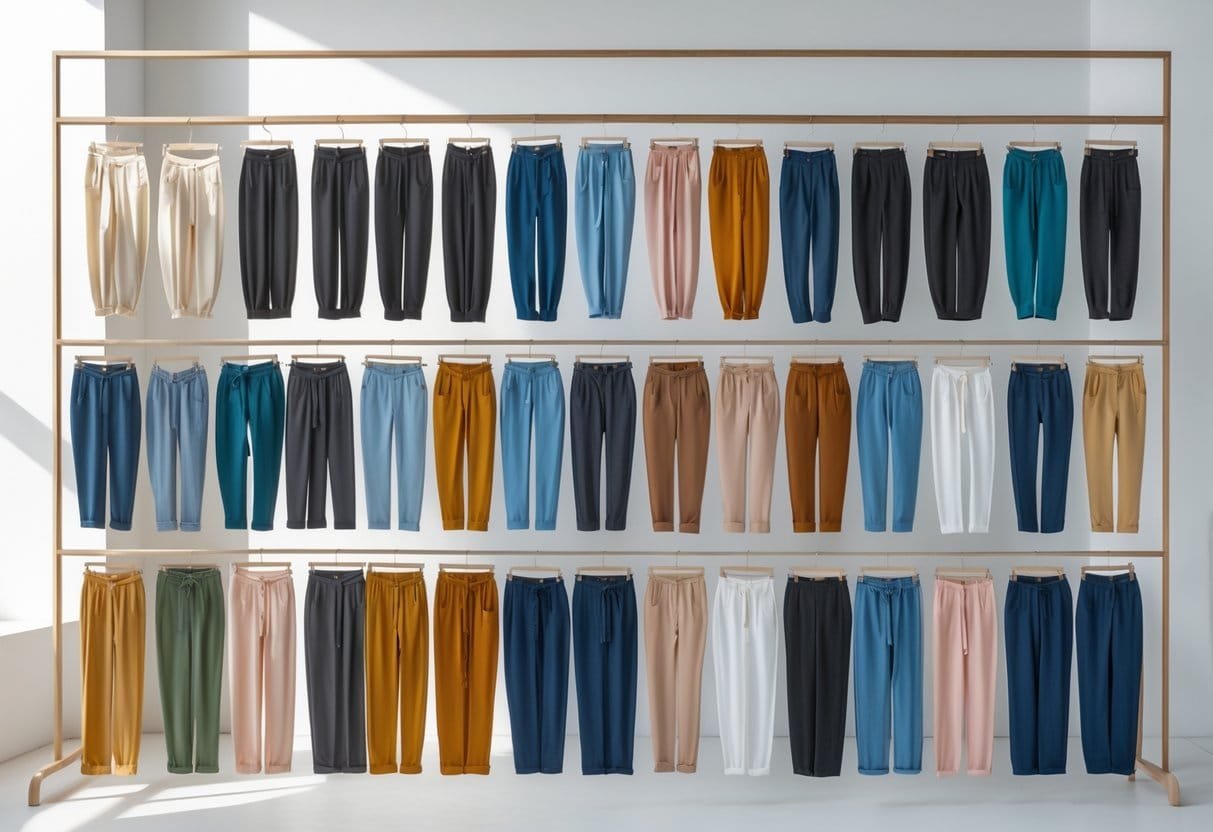 A neatly arranged display of various women's pants hanging on a wooden rack in a bright studio.