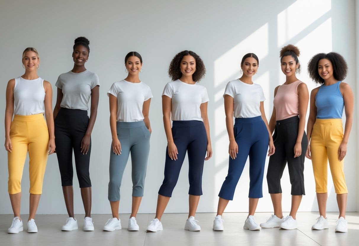 A group of diverse people posing indoors, each wearing different styles of cropped pants, in a bright and modern studio.