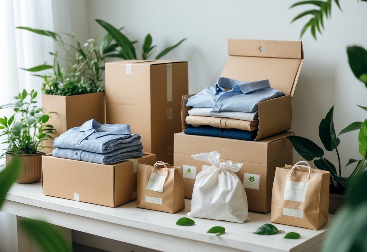 Eco-friendly clothing packaging made from recycled and biodegradable materials displayed with green plants on a wooden surface.