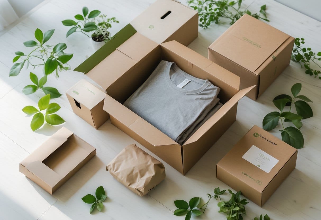 Eco-friendly clothing packaging materials including recycled boxes, biodegradable bags, and natural fiber wrapping arranged with green leaves on a wooden surface.