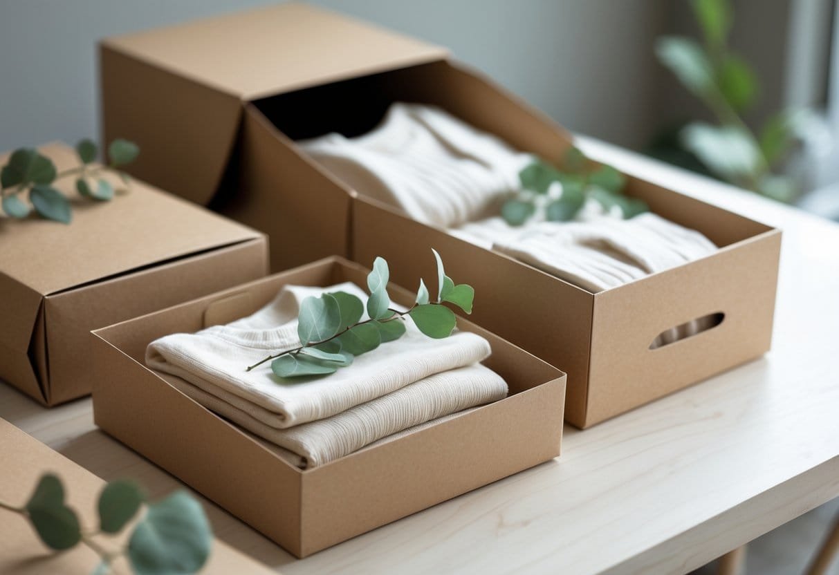 Eco-friendly clothing packaging made from recycled materials with folded garments and green leaves on a wooden surface.