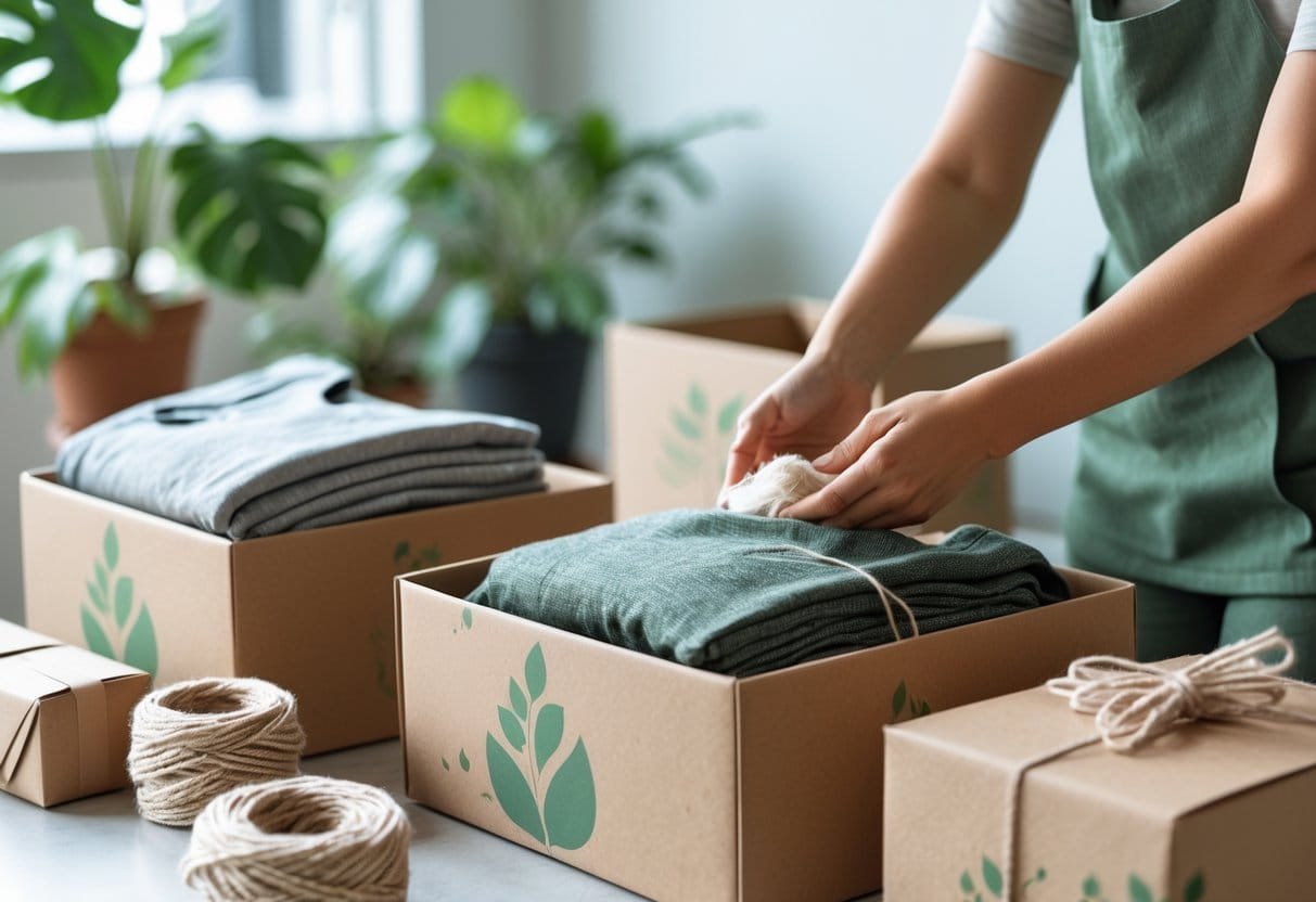 Hands placing folded clothing into recyclable cardboard boxes surrounded by eco-friendly packaging materials on a clean workspace with plants.