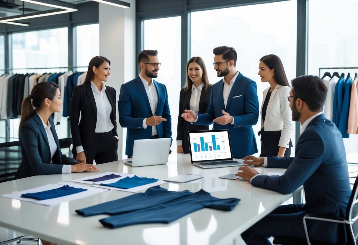 A group of business professionals discussing clothing designs and business plans around a conference table in a modern office.