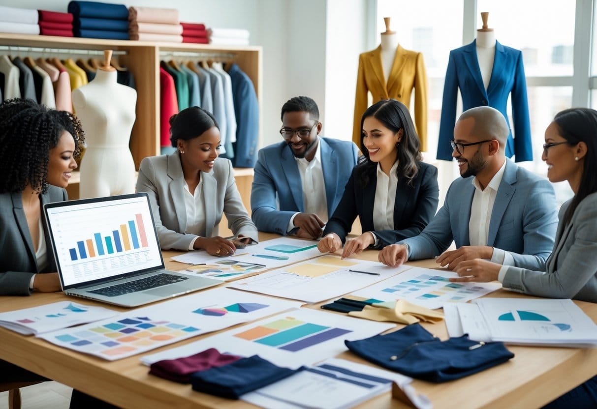 A group of professionals collaborating around a table with fashion sketches, fabric samples, and a laptop, with mannequins and fabric rolls in the background.