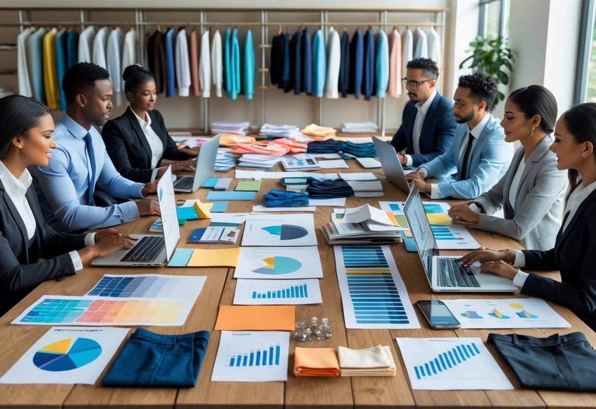 A group of professionals working together at a table with clothing samples, sketches, laptops, and fabric swatches in a bright room with shelves of garments and mannequins in the background.