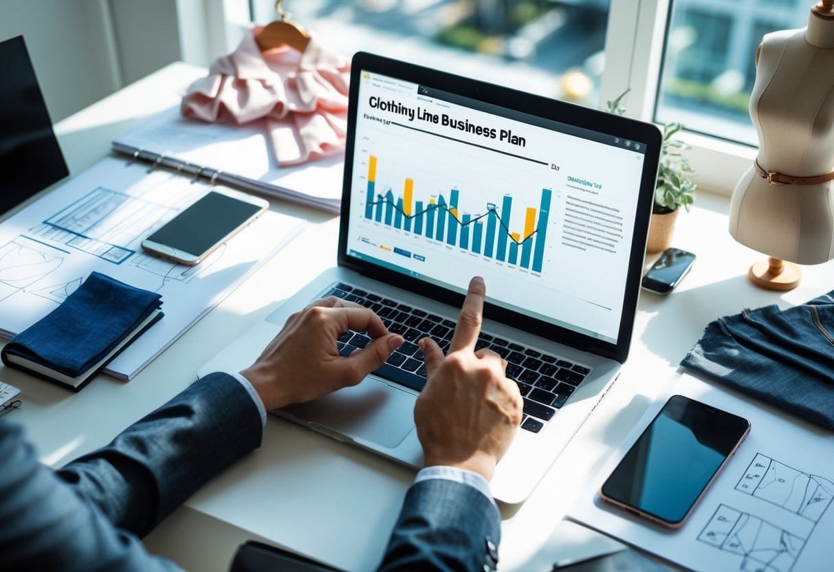 A workspace with a laptop, notebook, clothing sketches, fabric samples, and a small mannequin, with hands pointing at the laptop screen.