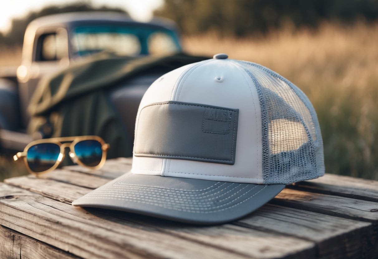 A trucker hat with a mesh back placed on a wooden surface with sunglasses and a backpack nearby, a vintage truck blurred in the background.