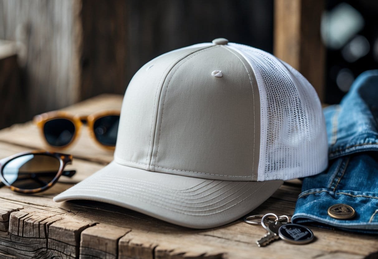 A trucker hat with a cotton front and white mesh back placed on a wooden surface with sunglasses and a denim jacket nearby.