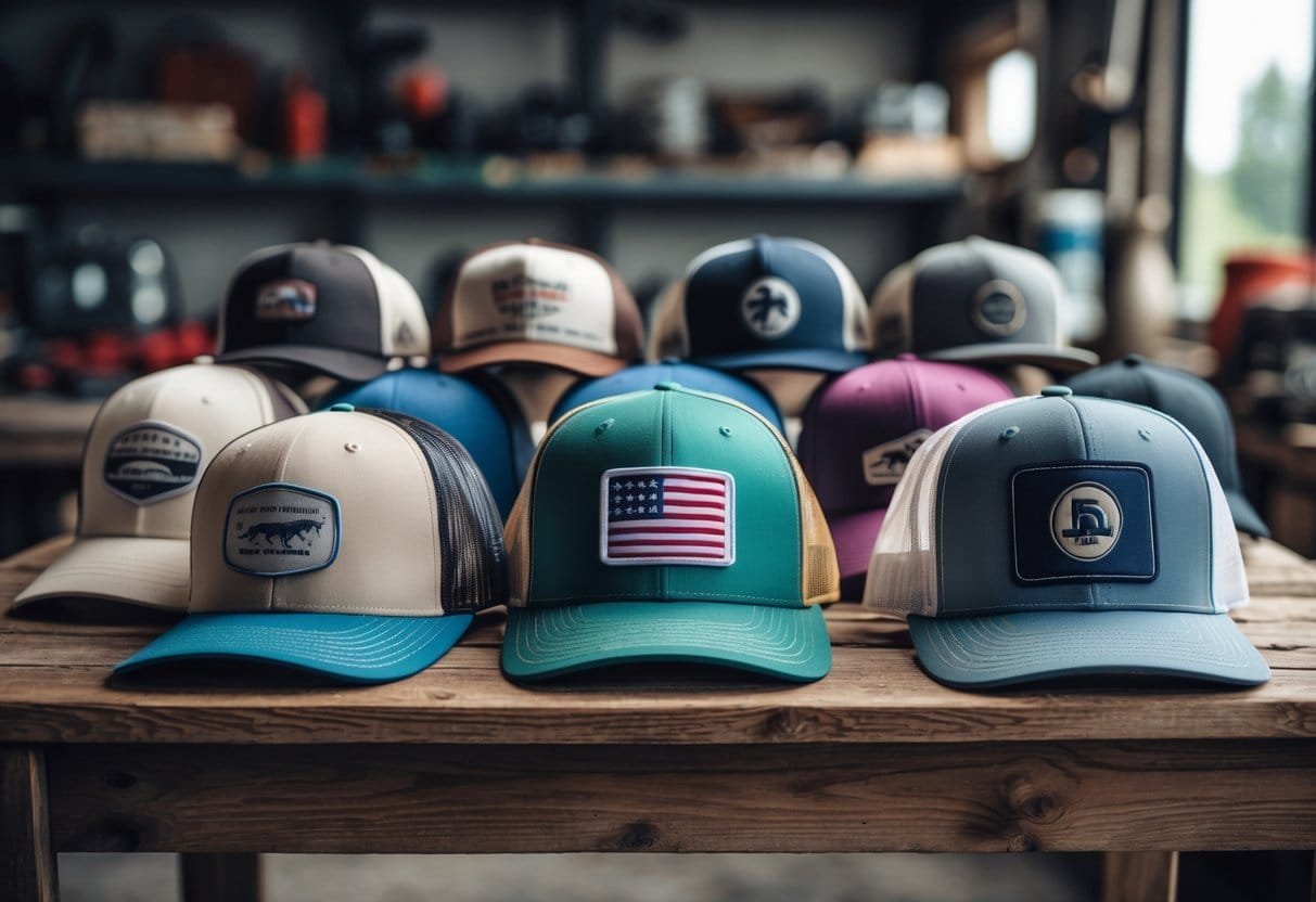 A variety of trucker hats arranged on a wooden table, showing different styles from old to new.