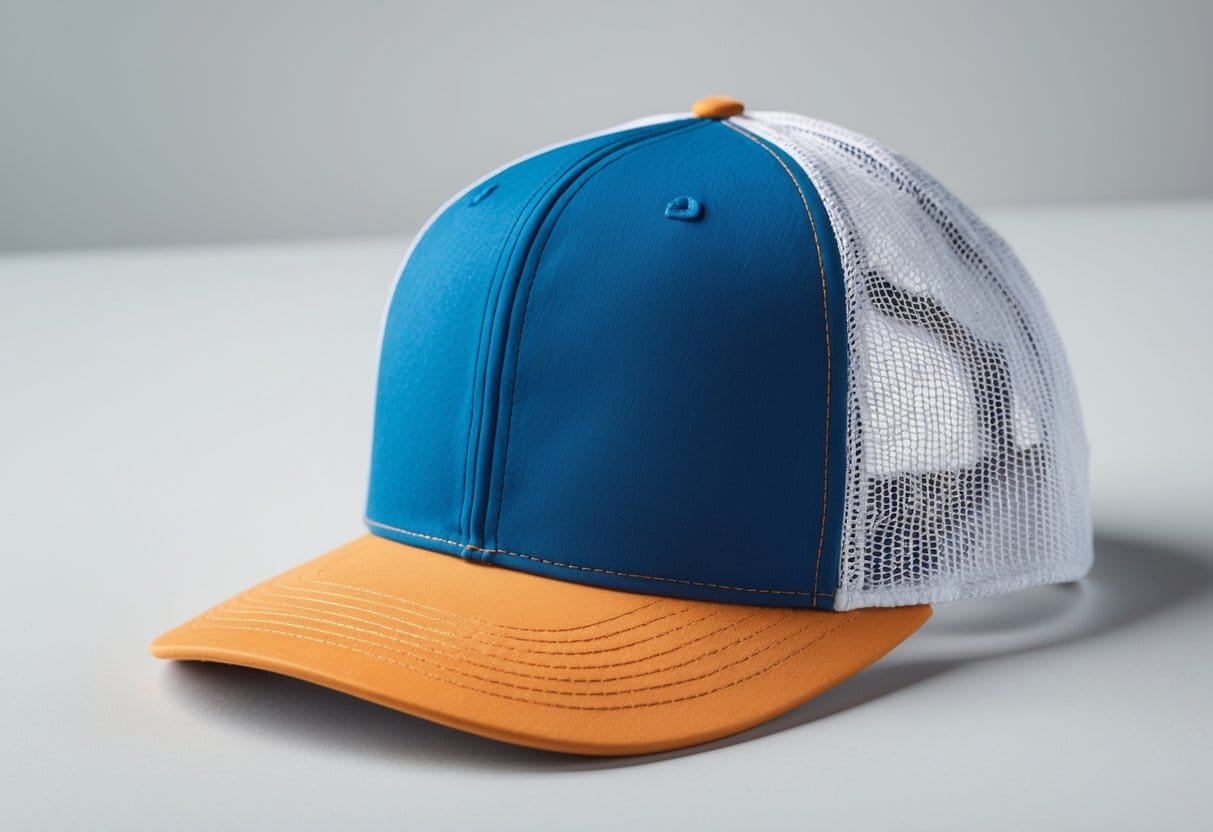 A trucker hat with a colorful front panel and white mesh back, shown on a plain background.