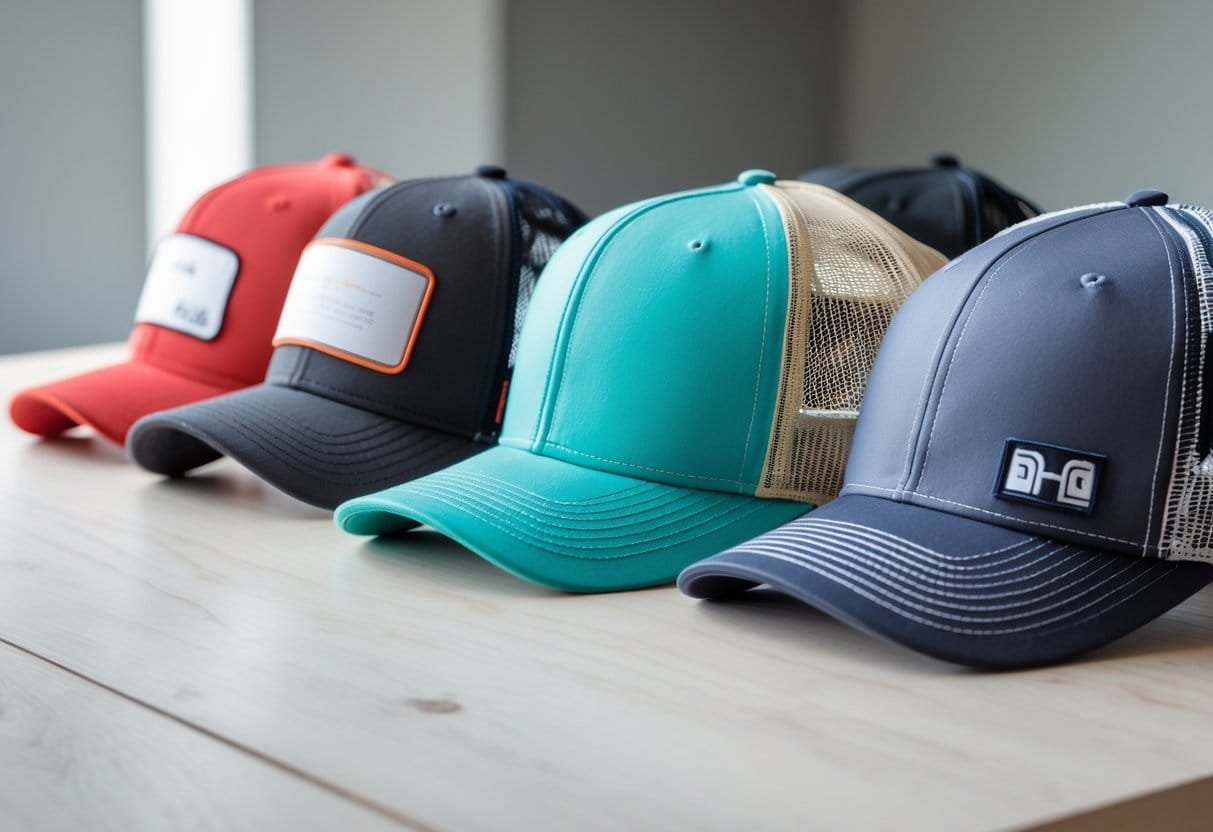 A collection of various trucker hats in different colors and designs arranged on a wooden surface.