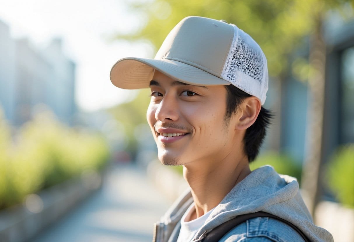 A young adult wearing a trucker hat outdoors, smiling and looking off-camera.