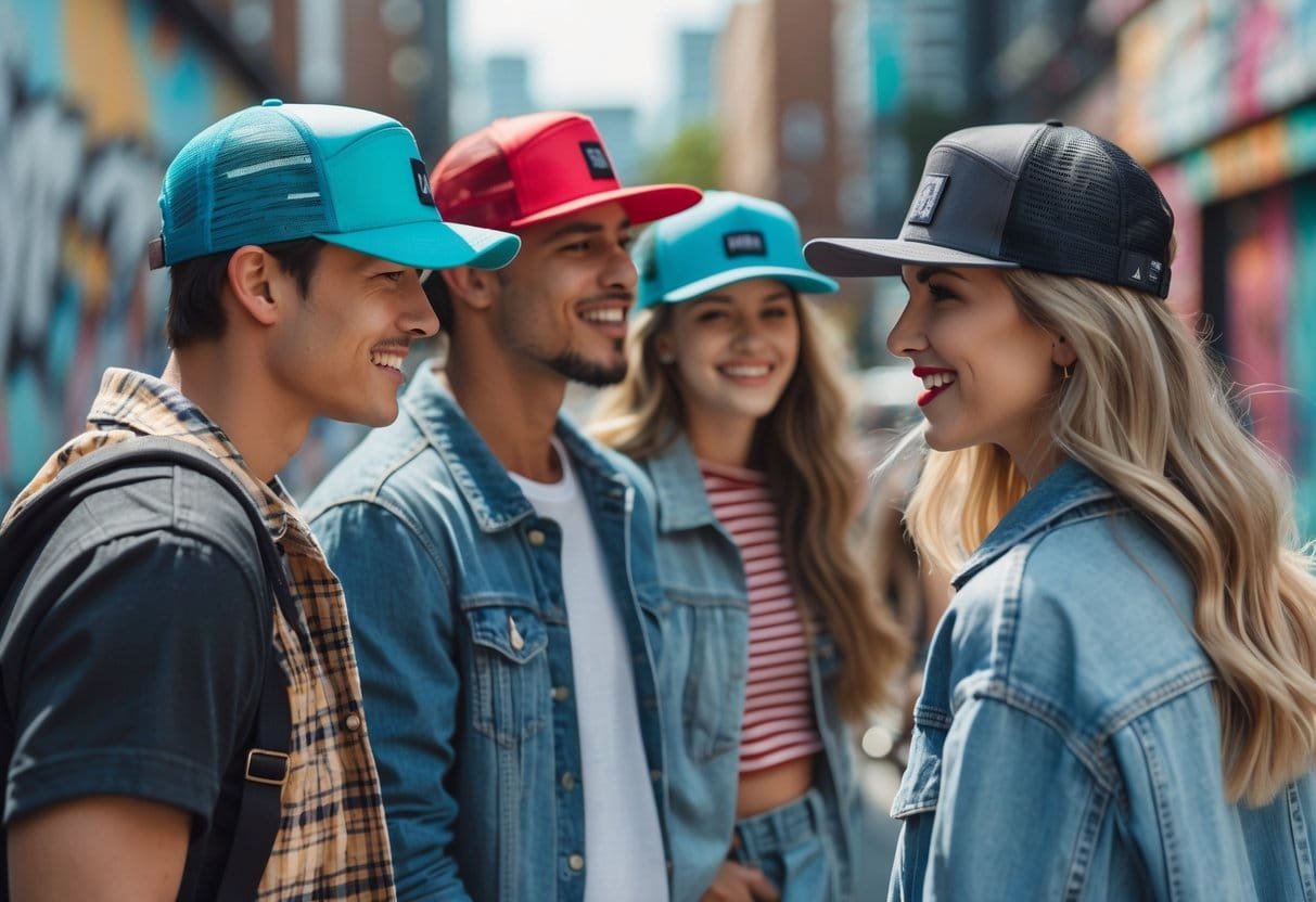 A group of young adults wearing different trucker hats outdoors in a city setting, smiling and interacting with each other.