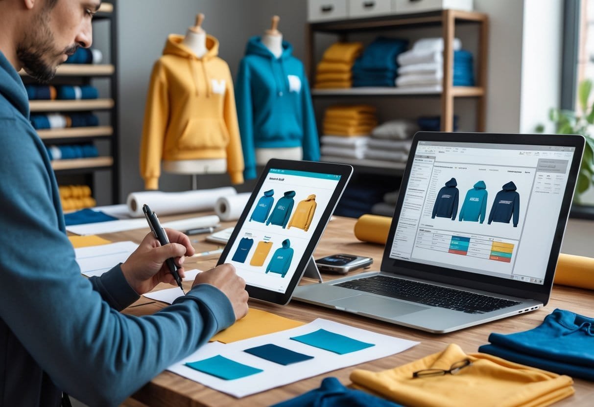 A designer's workspace with hands sketching hoodie designs on a tablet, fabric samples, sewing tools, a laptop showing cost analysis, and hoodie prototypes on mannequins in the background.