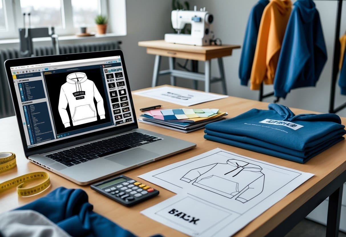 A workspace with a laptop, fabric swatches, sketches, measuring tape, calculator, sewing machine, and hoodies on a rack, showing the process of making custom hoodies.