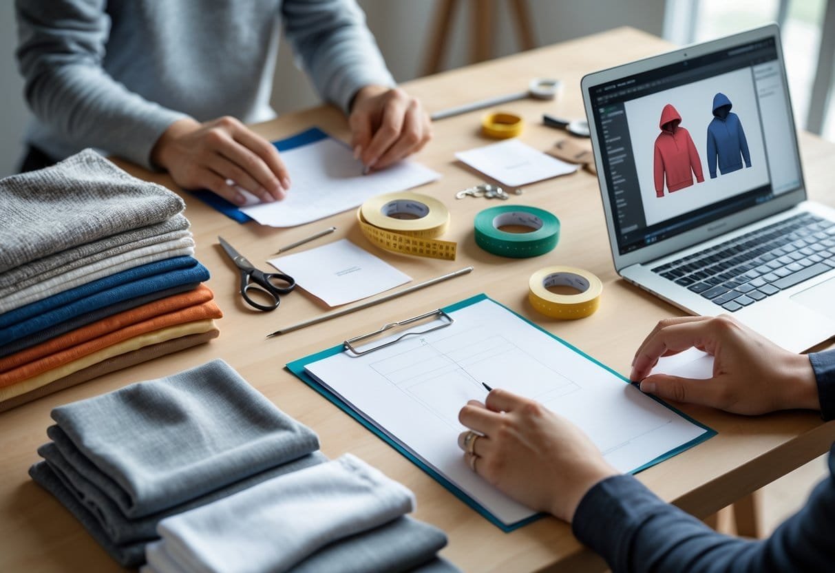 A workspace with fabric swatches, sewing tools, a laptop showing a hoodie design, and hands examining materials for making custom hoodies.
