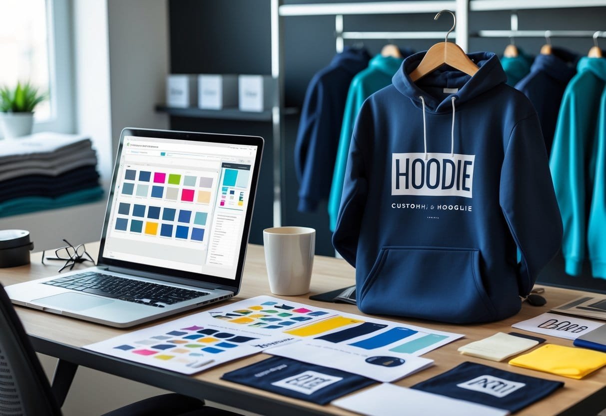 A workspace with a laptop, fabric samples, sketches, and a custom hoodie displayed on a mannequin, showing the process of designing and making a branded hoodie.