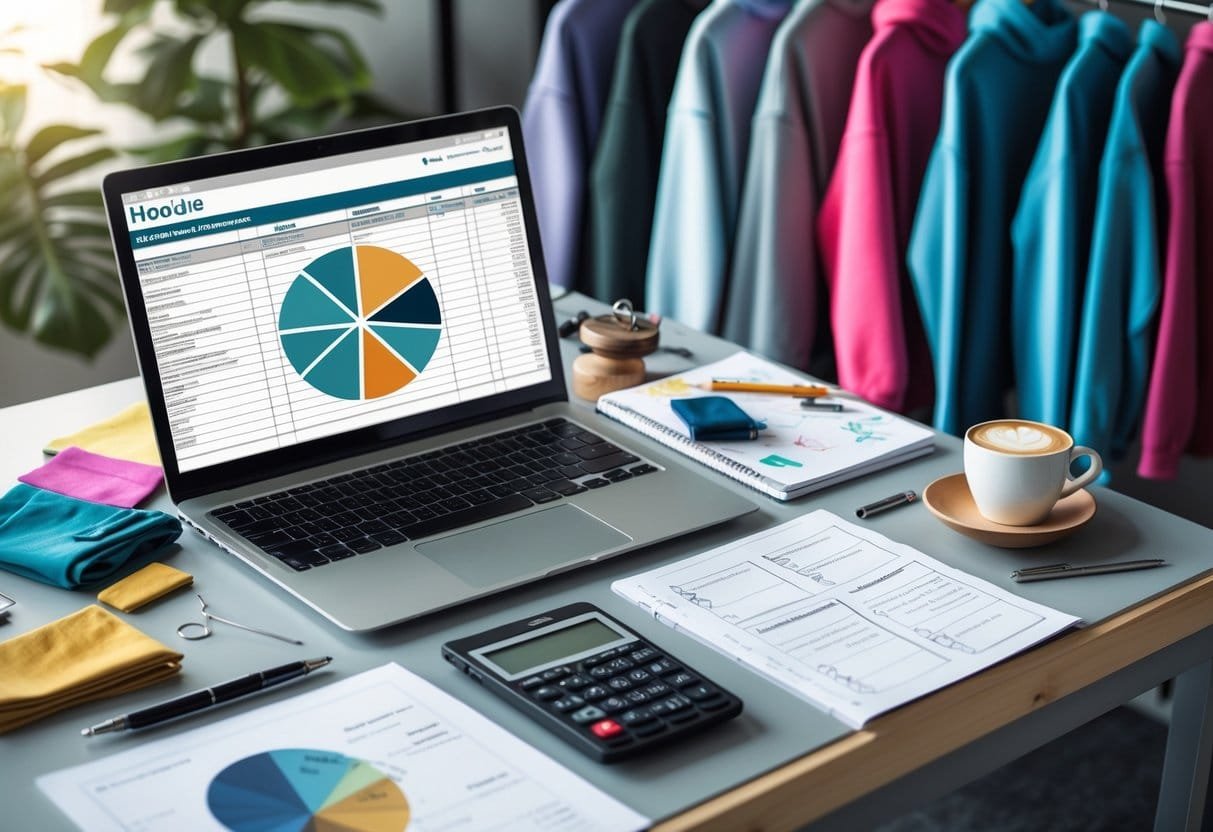 A workspace with a laptop showing a cost spreadsheet, fabric swatches, sewing tools, sketches, a calculator, and custom hoodies hanging on a rack.