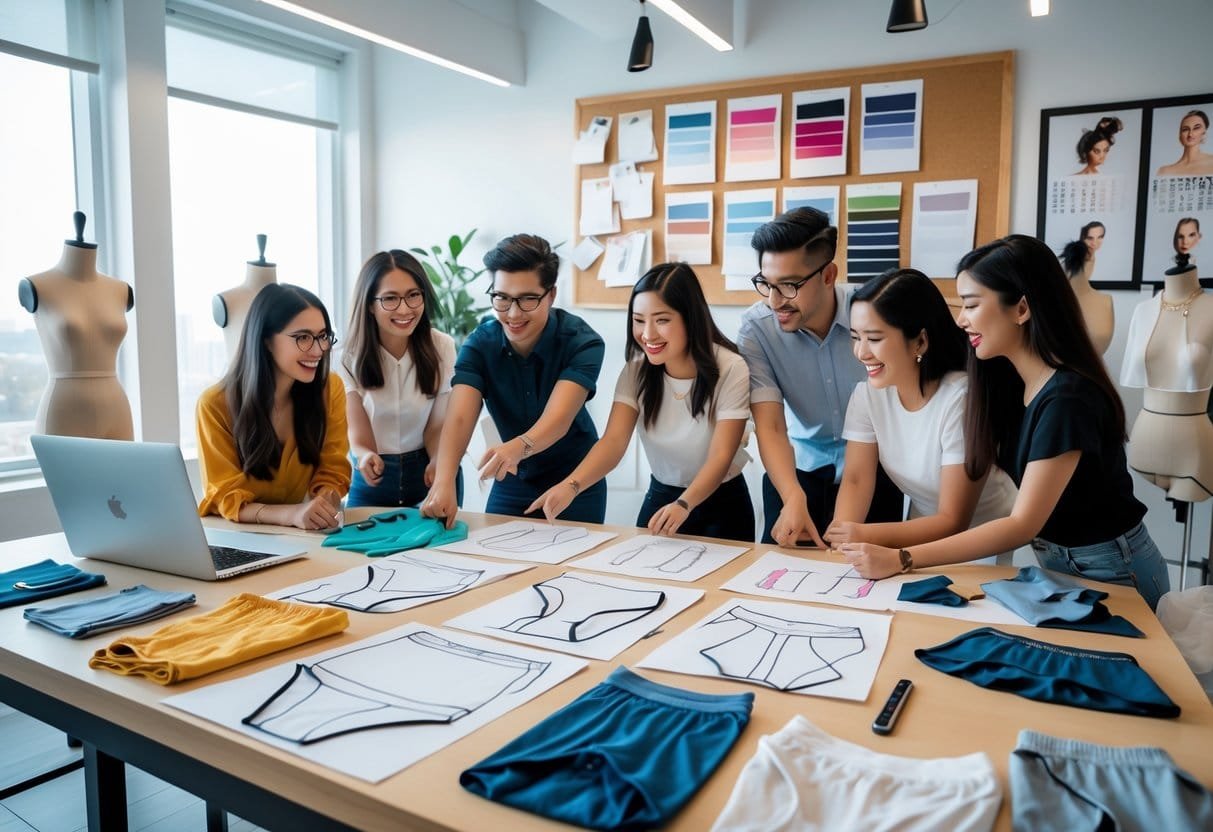 A group of designers collaborating at a desk covered with underwear sketches, fabric samples, and design tools in a bright workspace.