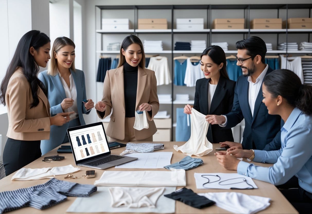 A group of professionals collaborating at a table with underwear samples, fabric swatches, sketches, and a laptop in a bright workspace.