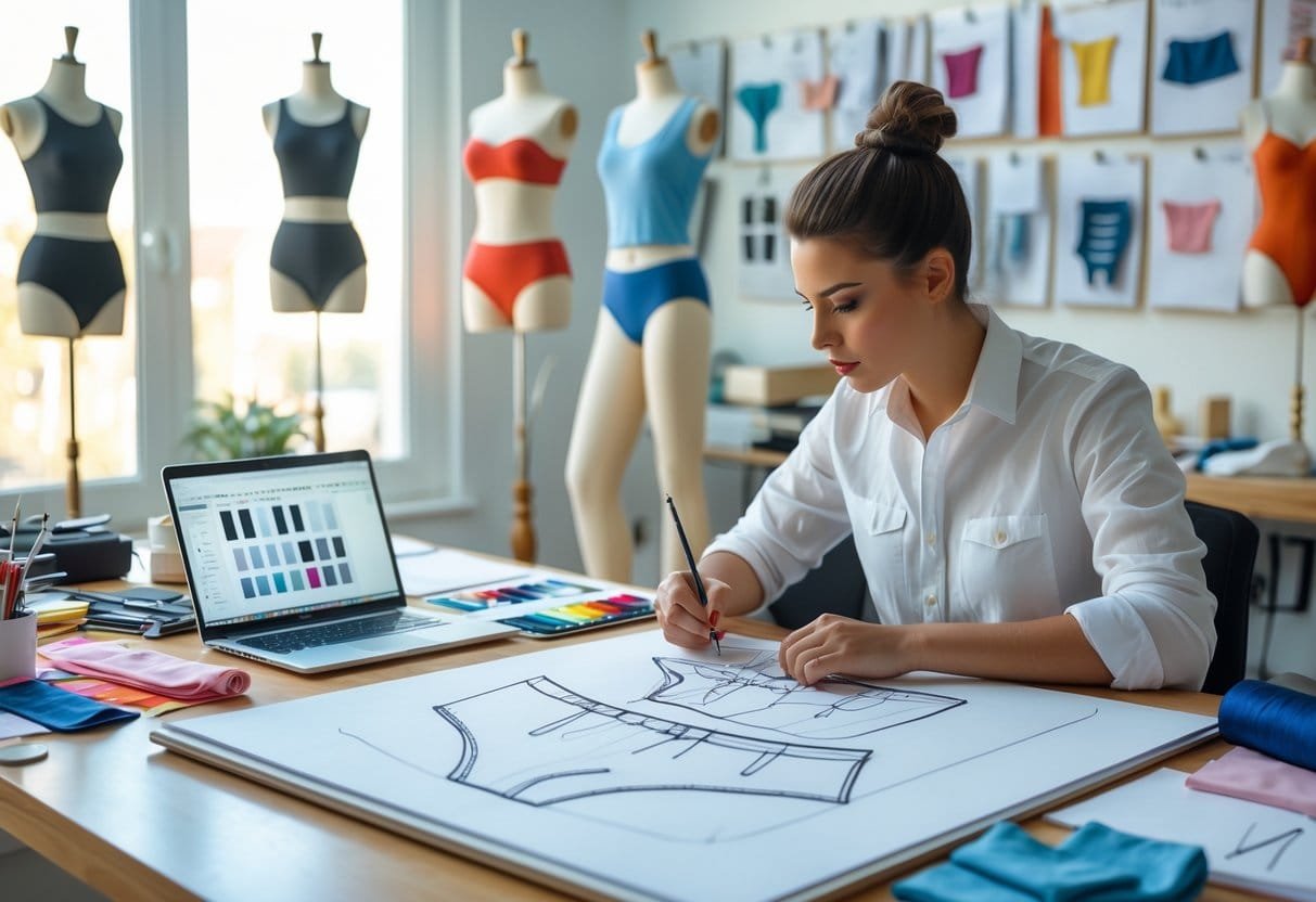 A young fashion designer sketching underwear designs at a desk surrounded by fabric swatches, sewing tools, and mannequins wearing underwear.